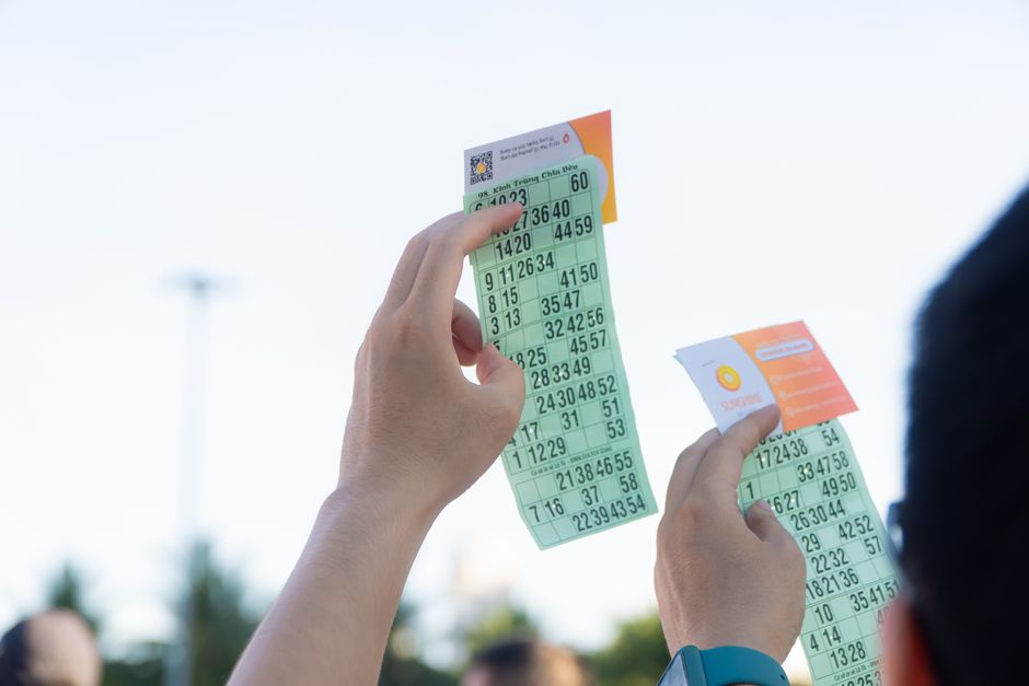 person checking lottery ticket numbers against results on phone